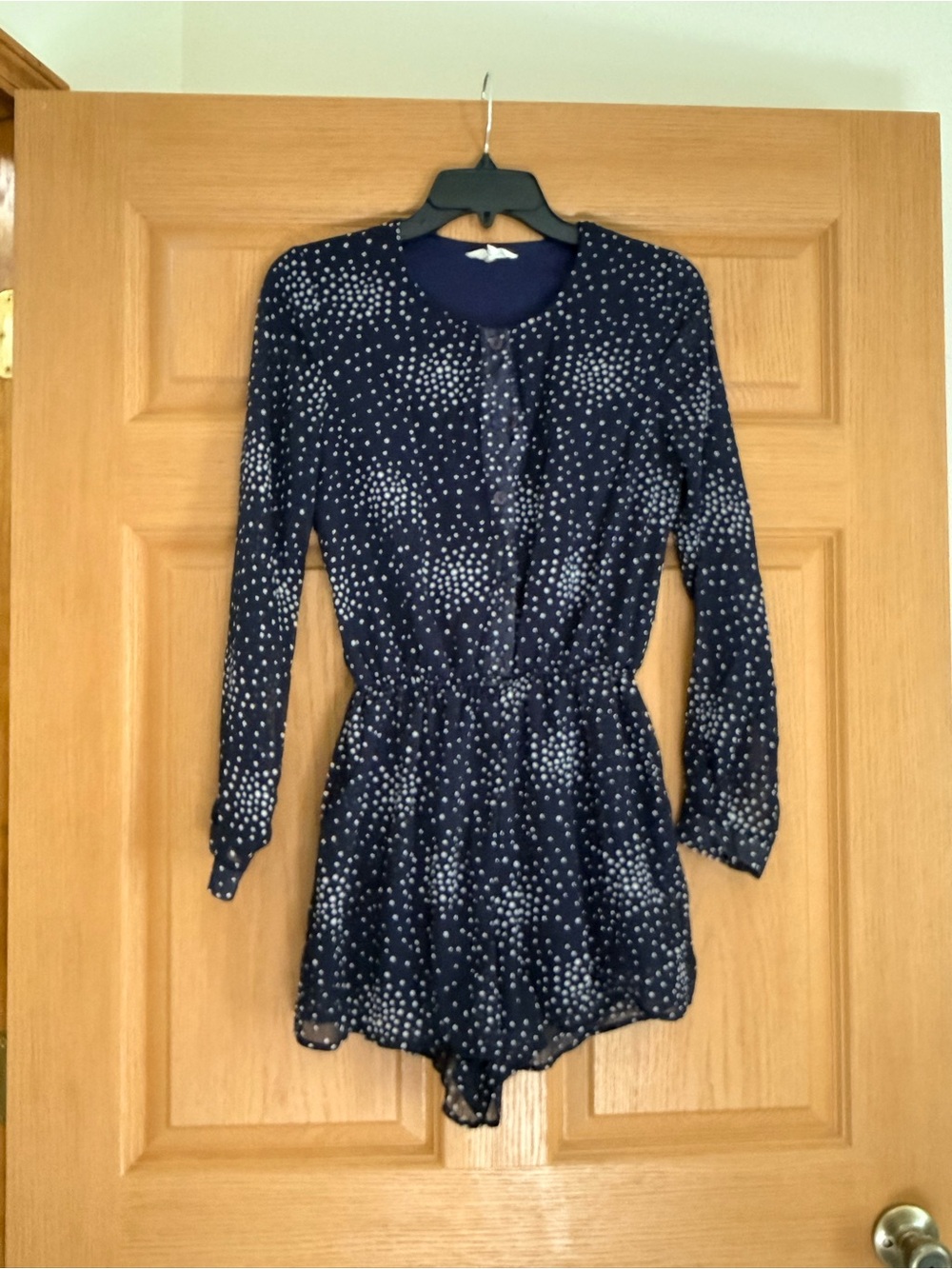 Freeway Navy Blue Polka Dot Long-Sleeve Bodysuit Romper
